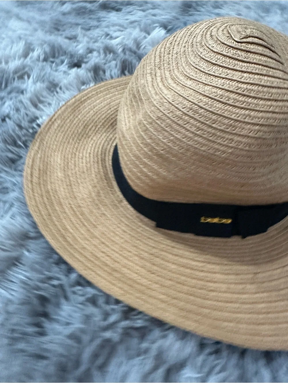 bebe Tan Straw Sun Hat with Black Ribbon and Gold Logo